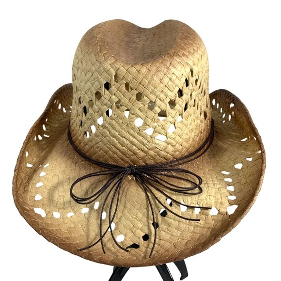 Western Woven Straw Cowboy Hat Turquoise Beaded Band Cutout Design Unisex OS - Picture 4 of 7